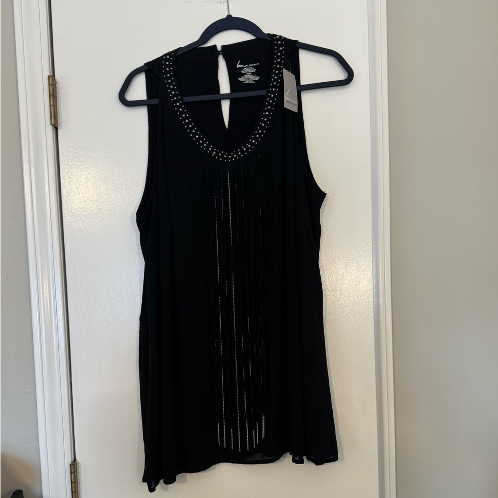 Black Sleeveless Top Studded Neckline fringe detail in front sheer built in tank
